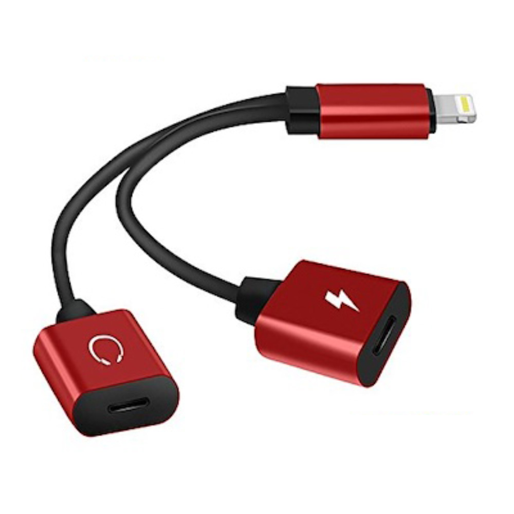 NEW 2-in-1 Lightning iOS Splitter Adapter with Charge Port and Headphone Jack (Red)